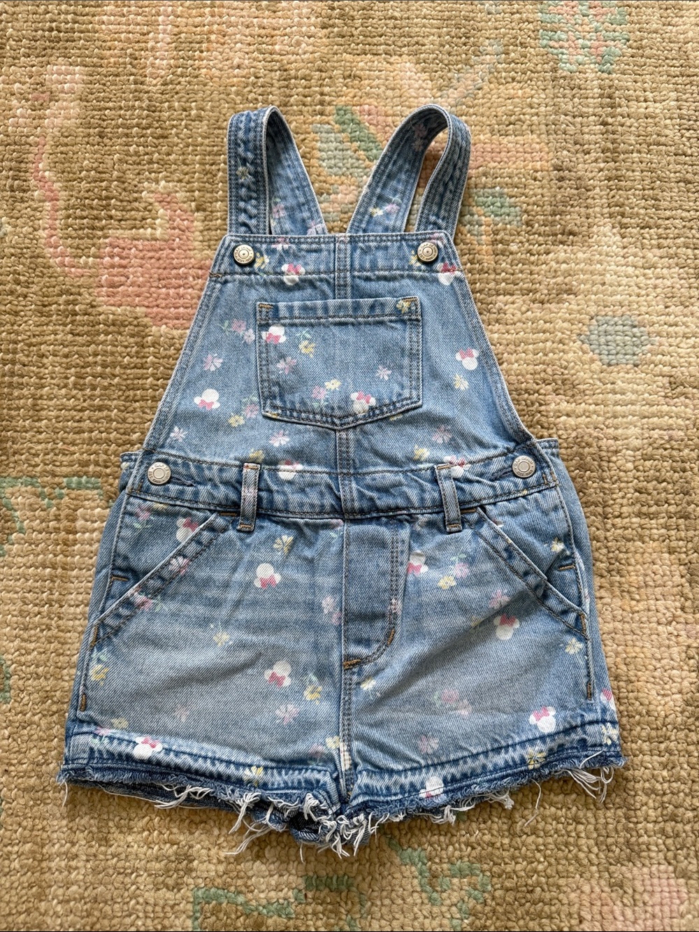 GAP Disney Denim Floral Short Overalls in Light Blue with Pink & Yellow Accents